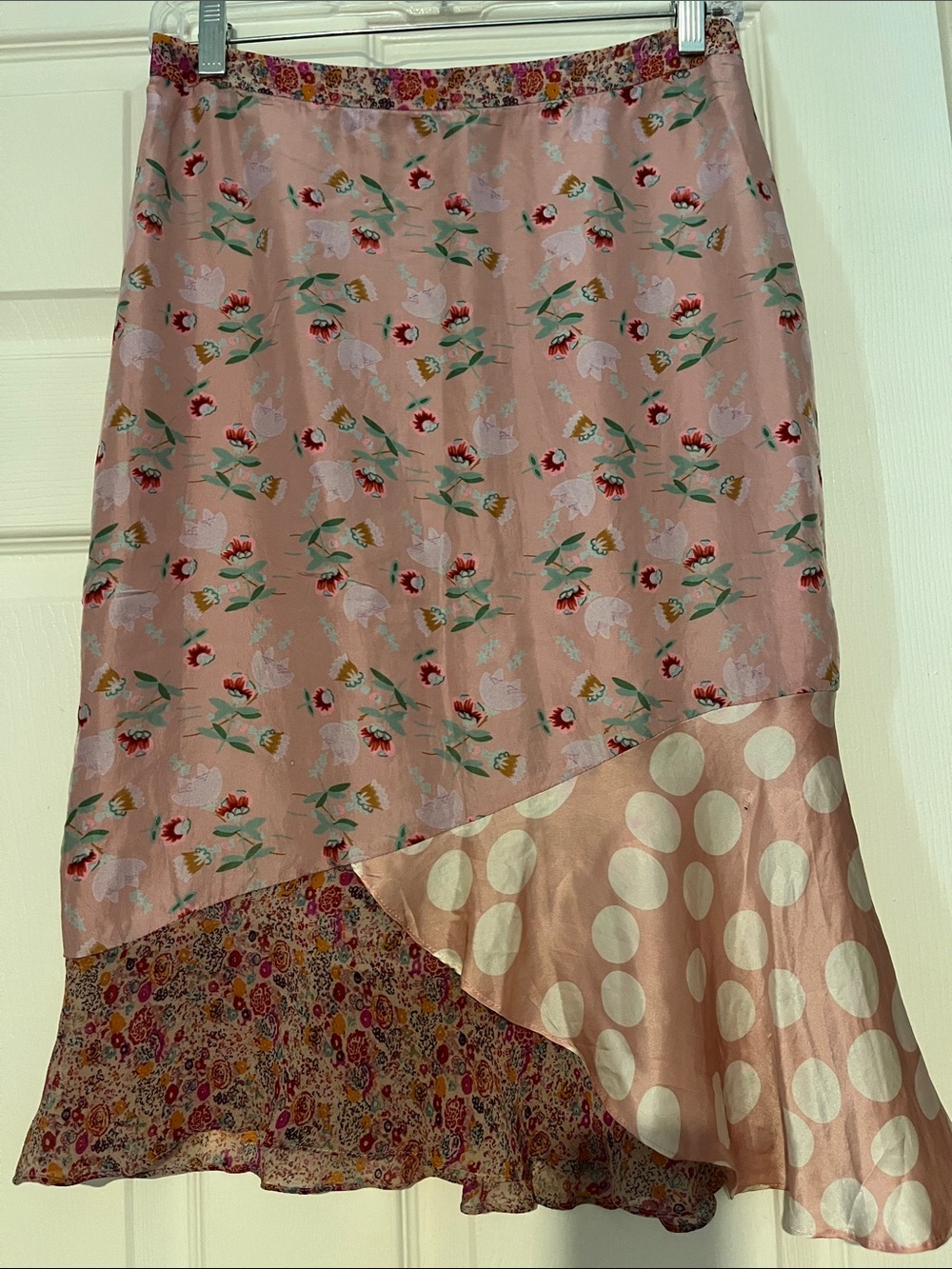 Gerard Darel Pink Floral & Polka 100% silk Skirt